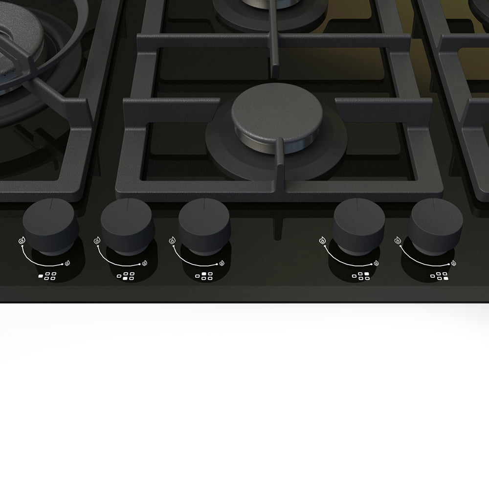 90cm 5 Burner Gas Cooktop In Black Glass